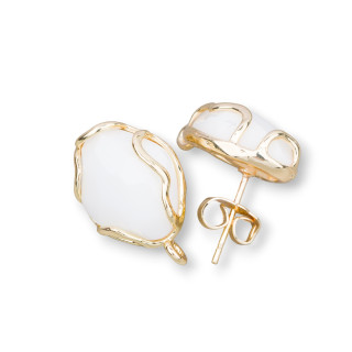 Base Per Orecchini A Perno Di Bronzo Con Occhio Di Gatto Irregolare Sfaccettato 13x17mm 4 Paia Dorato Agata Bianca