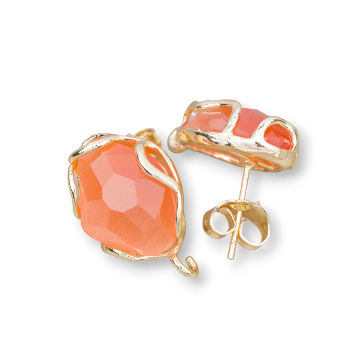 Bronze Stud Earring Base with Irregular Faceted Cat's Eye 13x17mm 4 Pairs Golden Orange
