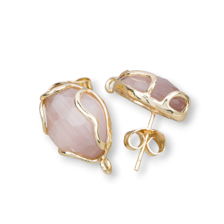 Bronze Stud Earring Base with Irregular Faceted Cat's Eye 13x17mm 4 Pairs Golden Powder