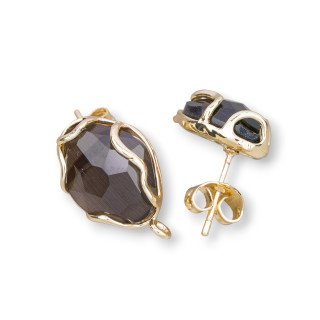 Aretes de Bronce Ojo de Gato Facetados Irregulares Base 13x17mm 4 Pares Marrón Dorado