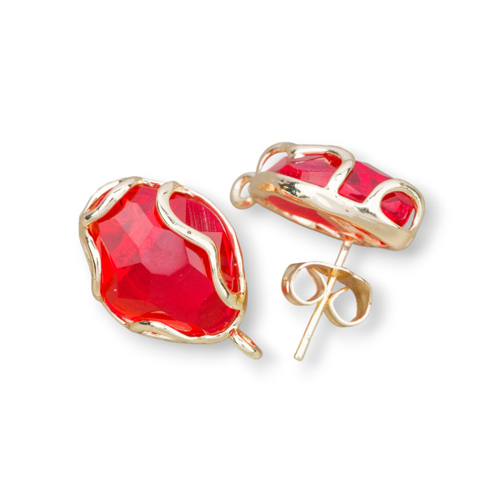 Aretes de Bronce Ojo de Gato Facetados Irregulares Base 13x17mm 4 Pares Rojo Dorado