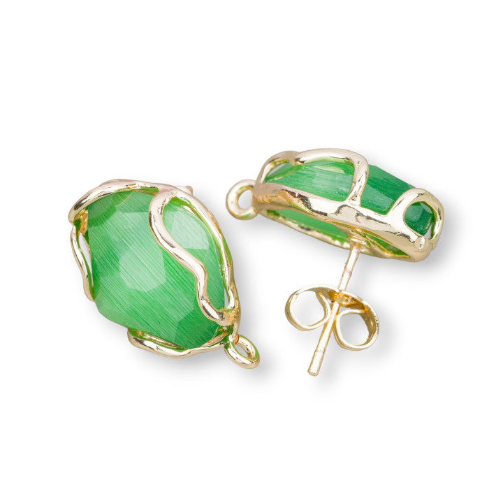 Bronze Stud Earring Base with Irregular Faceted Cat's Eye 13x17mm 4 Pairs Golden Green