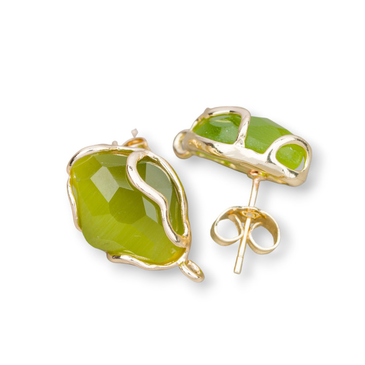 Boucles d'Oreilles Tige Bronze Oeil de Chat Irrégulier Facette 13x17mm 4 Paires Doré Vert Forêt