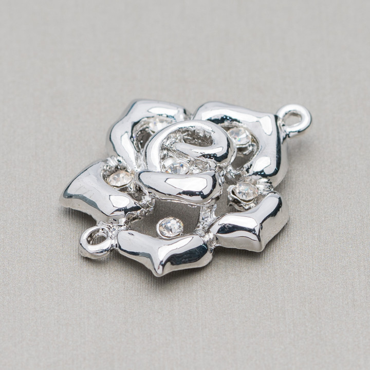 Brass Spacer With Rhinestone Flower 25x30mm 22pcs White