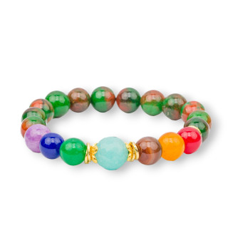 Pulsera Elástica Piedras Duras 10-12mm Y Bronce Jade Floral