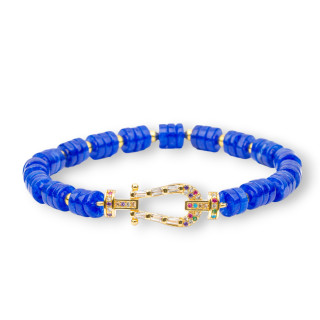 Stretch Bracelets Of Semi-precious Stones 6mm Discs With Hematite And Central Bronze With Blue Jade Zircons