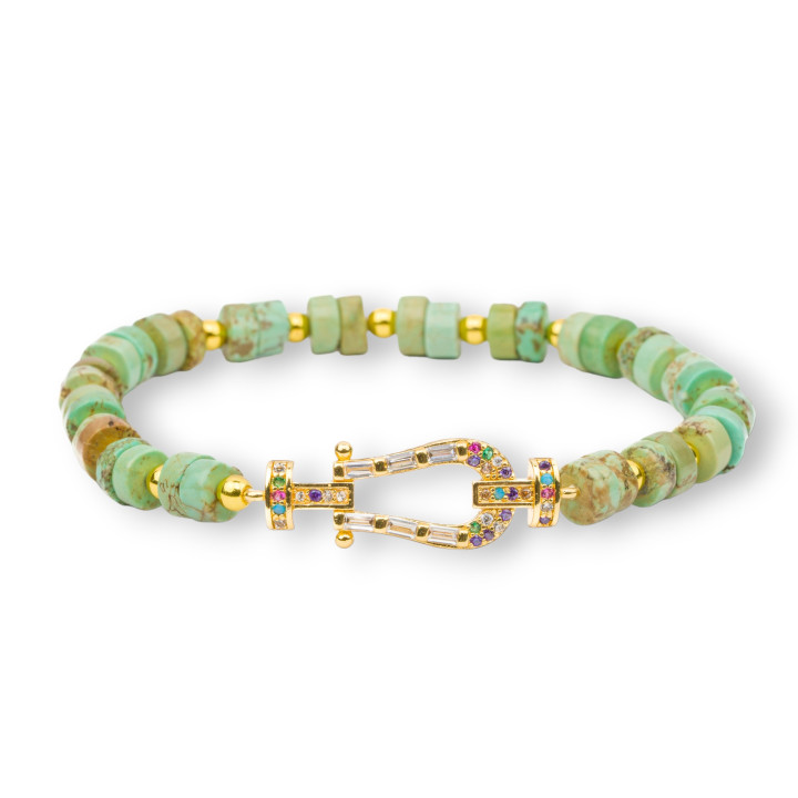 Pulseras elásticas de piedras duras discos de 6mm con hematites y bronce central con circonitas verdes de magnesita