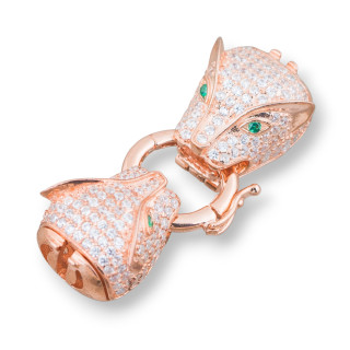 Verschluss aus 925er Silber mit doppeltem Pantherkopf Zirkonia mit zentralem Ring 13 x 39 mm 1 Stück Roségold