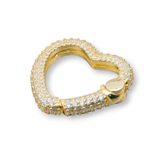 Chiusura Gancio A Scatto Di Argento 925 Con Zirconi Micropave' Cuore 23x22mm 1pz Dorato