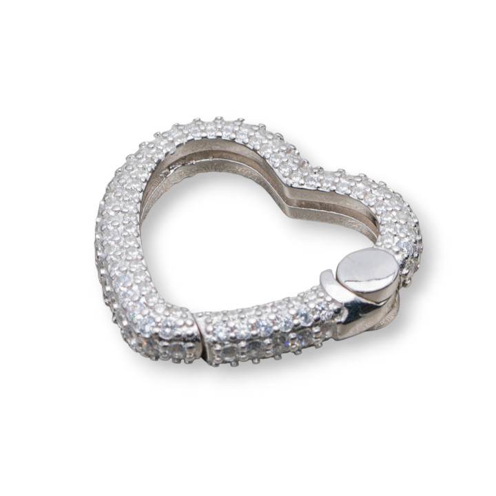 Chiusura Gancio A Scatto Di Argento 925 Con Zirconi Micropave' Cuore 23x22mm 1pz Rodiato