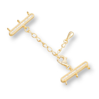 Fermoir Argent 925 Multifils 3 Fils Avec Zircons 7x18mm Avec Chaîne Ajustable 4cm 2pcs Doré