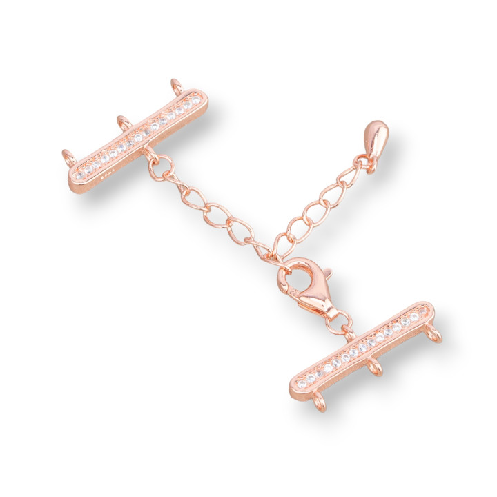 Chiusura Di Argento 925 Multifilo A 3 Fili Con Zirconi 7x18mm Con Catena Regolabile 4cm 2pz Oro Rosa