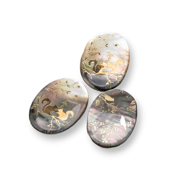 Mother of Pearl Pendant Component Oval Worked Plate 25x35mm 3pcs Golden Nature