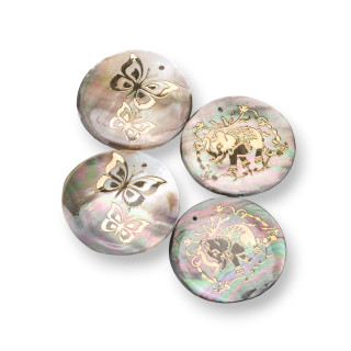 Mother of Pearl Pendant Component Round Worked Plate 30mm 4pcs Animals Golden