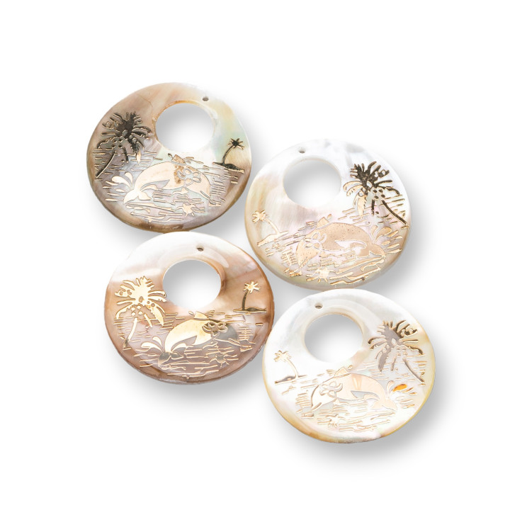 Mother of Pearl Pendant Component Round Worked Plate 30mm 4pcs Golden Dolphin
