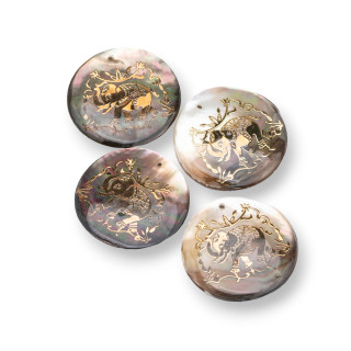 Mother of Pearl Pendant Component Round Worked Plate 30mm 4pcs Golden Elephant