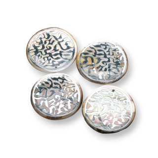 Pendentif Nacre Composant Plaque Ronde 30mm 4pcs Fantaisie 2 Plaqué Argent