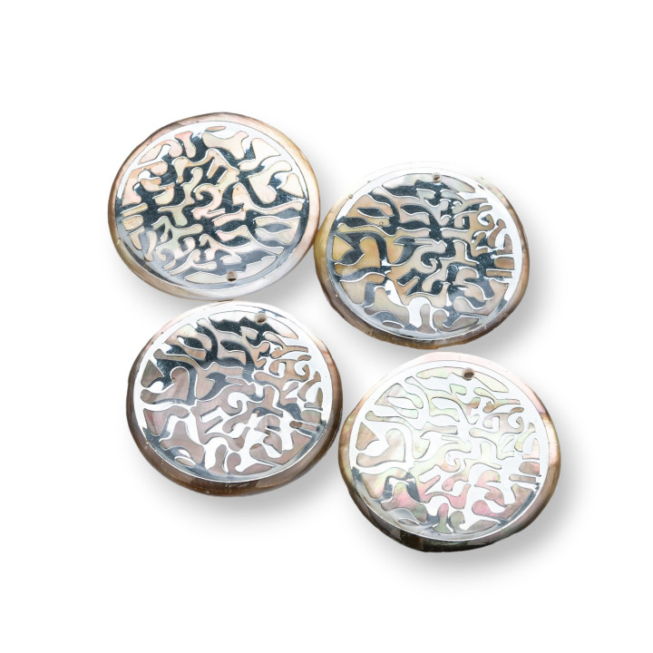 Mother of Pearl Pendant Component Round Worked Plate 30mm 4pcs Fantasy 2 Silver