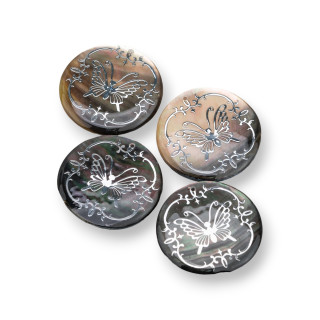 Pendentif Nacre Composant Plaque Ronde 30mm 4pcs Argent Papillon