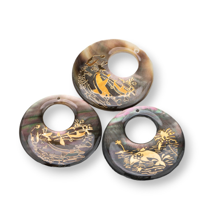 Nacre Pendentif Composant Plaque Ronde 40mm 3pcs Dauphin Doré Foncé