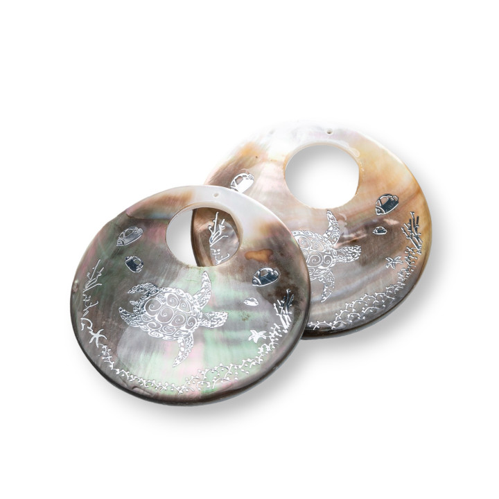 Mother of Pearl μενταγιόν Συστατικό Στρογγυλό επεξεργασμένο πιάτο 50mm 2τμχ Διάτρητη Ασημένια Χελώνα