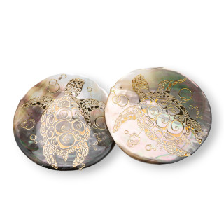 Mother of Pearl Pendant Component Round Worked Plate 50mm 2pcs Golden Tortoise