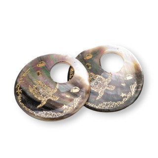 Perlmutt-Anhänger, Komponente, runde Platte, 50 mm, 2 Stück, durchbohrt, goldene Schildkröte