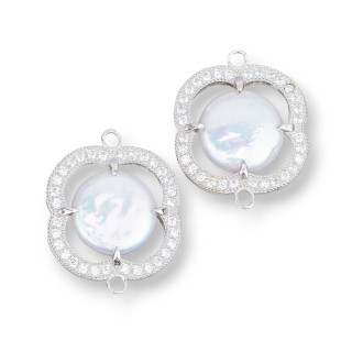 Connector Component Of 925 Silver With Zircons And River Pearls 22mm 2pcs