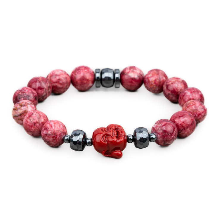 Bracciali Elasticizzato Di Pietre Dure 10mm, Ematite e Buddah di Resina Rosso Sfumato