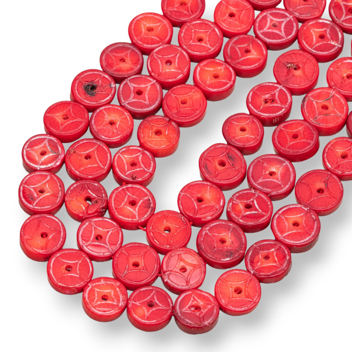 Coral Bambú Rojo Plano Redondo Grabado 15mm
