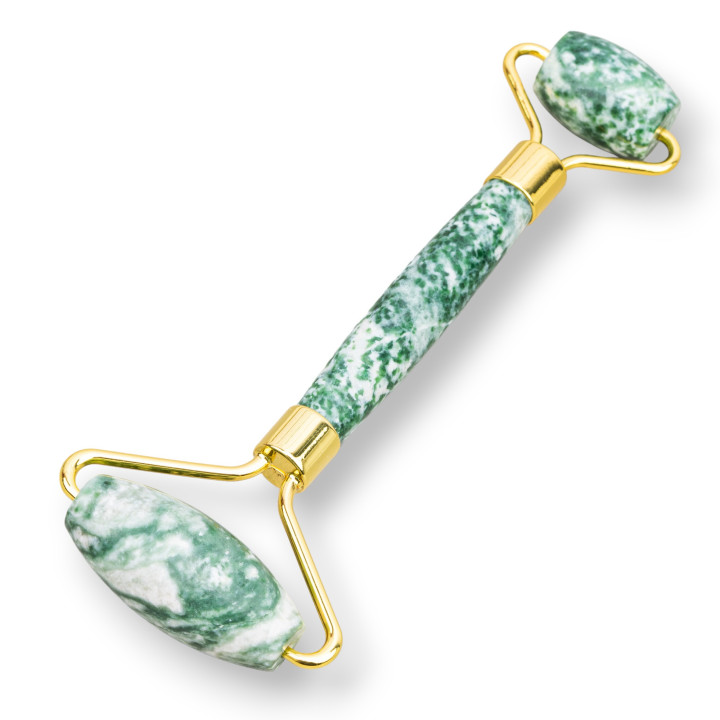 Masajeador De Rodillos De Piedras Duras Naturales Y Latón Jaspe Verde Dorado