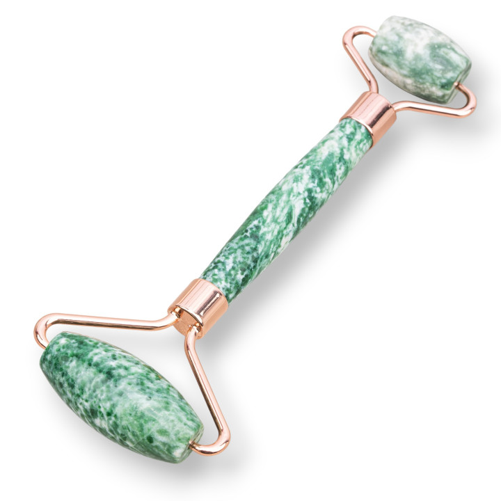Rodillo Masajeador De Piedras Duras Naturales Y Latón Jaspe Verde Oro Rosa
