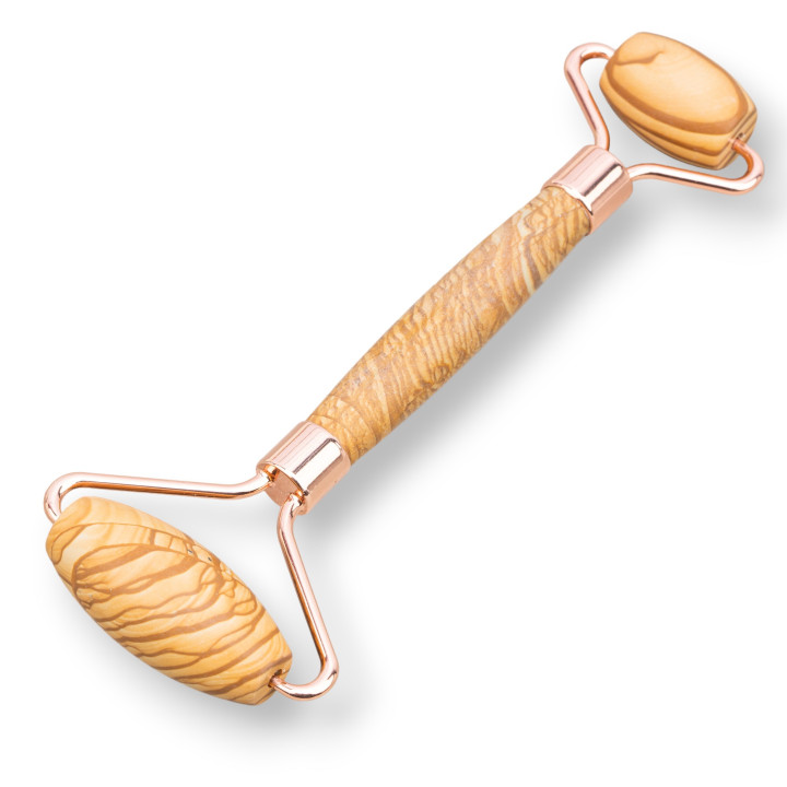 Roller Massager Made of Natural Semi-precious Stones and Brass, Rose Gold Paesena Stone