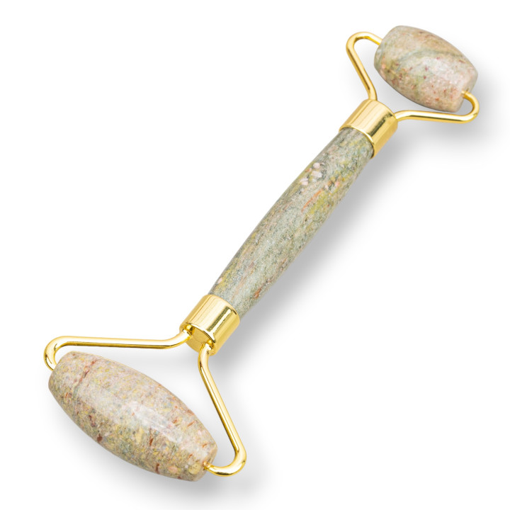 Roller Massager of Natural Hard Stones and Golden Unakite Brass
