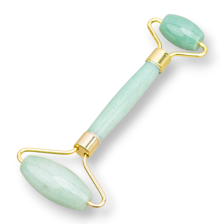Roller Massager Made of Natural Semi-precious Stones and Light Green Golden Aventurine Brass