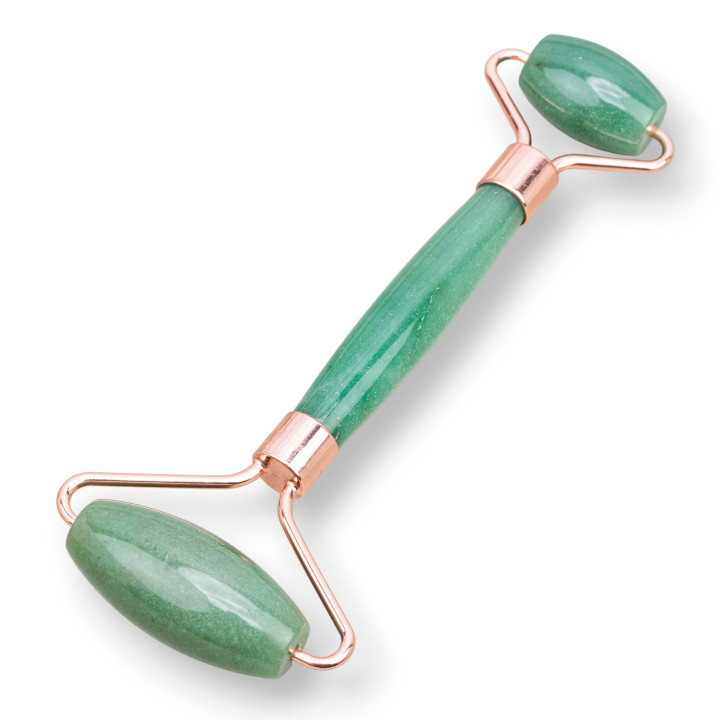 Roller Massager Made of Natural Semi-precious Stones and Brass Green Aventurine Rose Gold