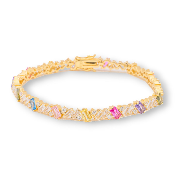 Bracciale Di Argento 925 'Amelia' Con Zircone A Baguette Larghezza 5,5mm Lunghezza 18cm Dorato Multicolor
