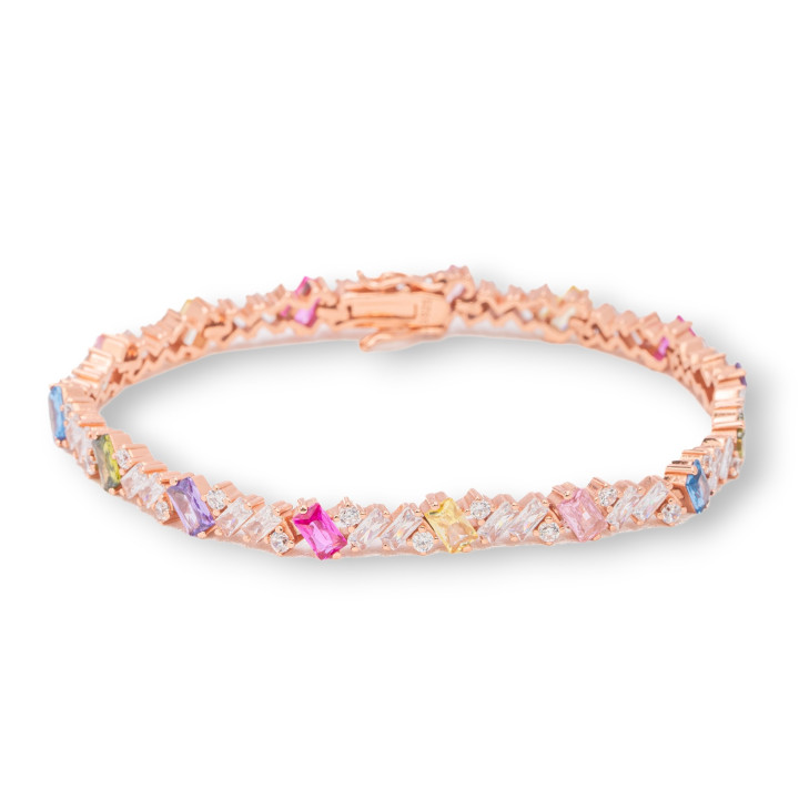 Bracelet Argent 925 'Amelia' Avec Baguette Zircon Largeur 5.5mm Longueur 18cm Multicolore Or Rose