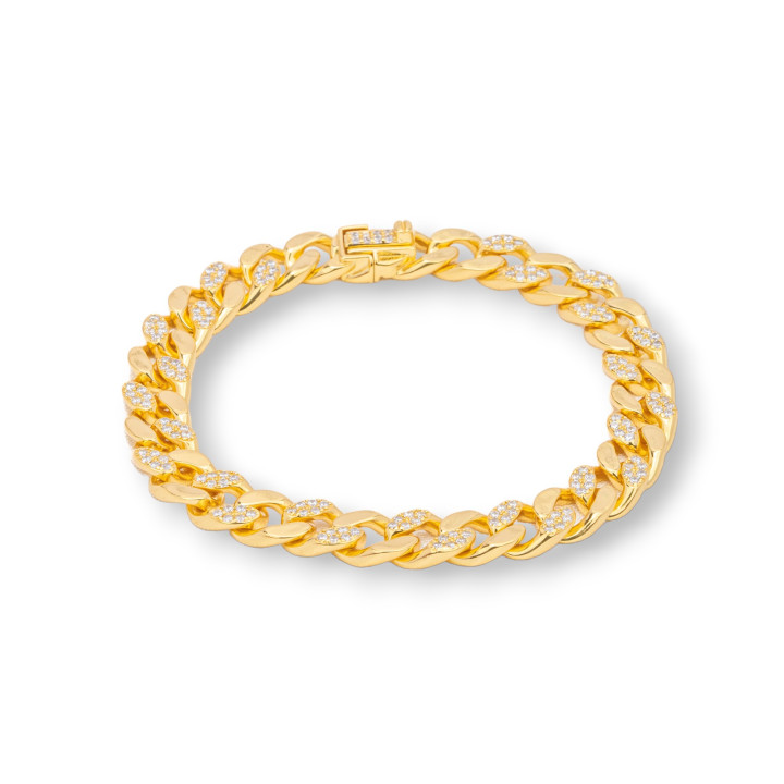 925 Silver Bracelet 'Antoinette' Groumette Link With Zircons Width 7.5mm Length 18cm Golden