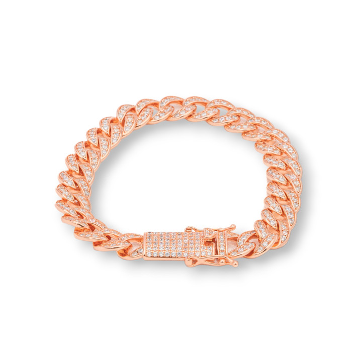 925 Silver Bracelet 'Antoinette' Groumette Link With Zircons Width 9.5mm Length 18cm Rose Gold