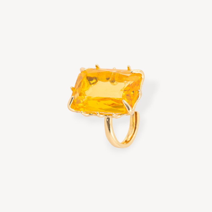 Bronze Ring With Rectangle CZ Cabochon Crystals 15x20mm Adjustable Size Yellow Topaz