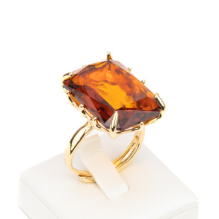 Anello Regolabile in Bronzo Dorato Collezione ELEN con Cristalli CZ Cabochon Rettangolo 18x25mm Marrone | Gioiello Artigianale 