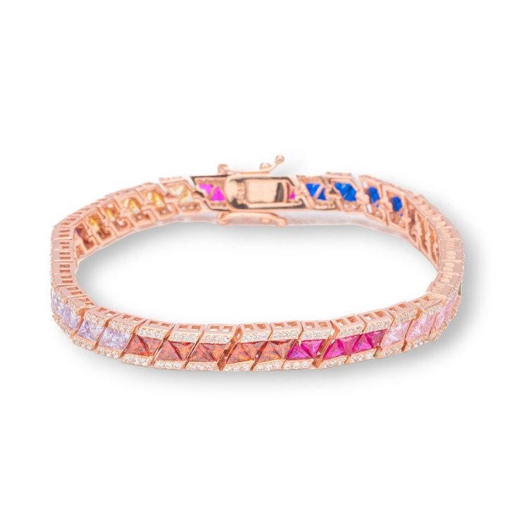 Bracelet Argent 925 'Amelia' Avec Baguette Multicolore Zircon Largeur 6mm Longueur 18.5cm Or Rose