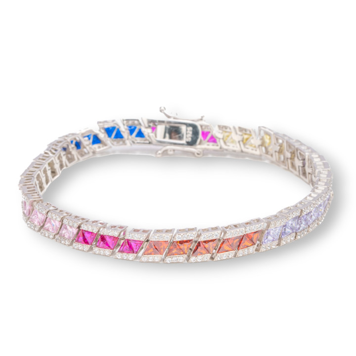925 Silver Bracelet 'Amelia' With Multicolor Baguette Zircon Width 6mm Length 18.5cm Rhodium Plated