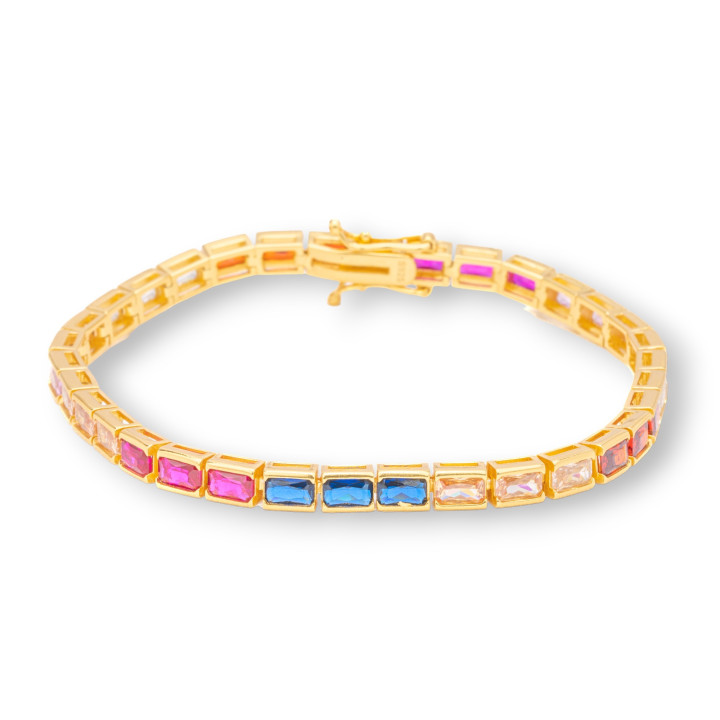 Bracciale Di Argento 925 'Amelia' Con Zircone A Baguette Rettangolo Multicolor Larghezza 4,5mm Lunghezza 18,5cm Dorato