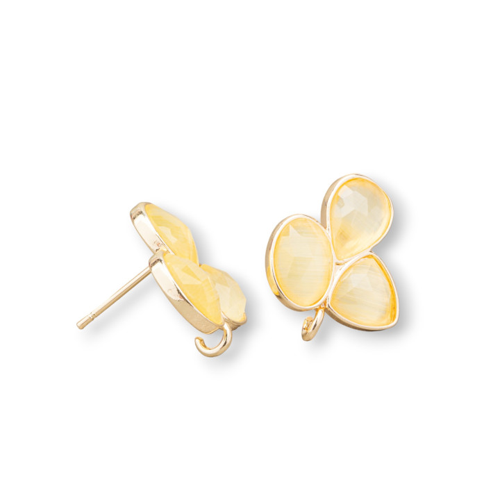 Brass Earring Stud Bases with Cat's Eye Cabochon Set 17x17mm 3 Pairs Yellow