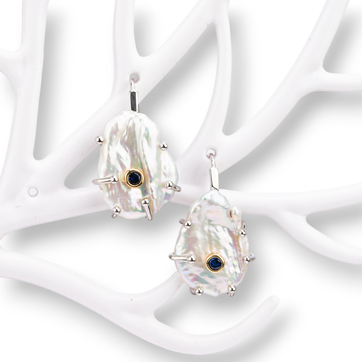 Orecchini A Monachella Di Argento 925 Rami Con Perle Di Fiume E Punto Luce 20x33mm Rodiato Blu Notte