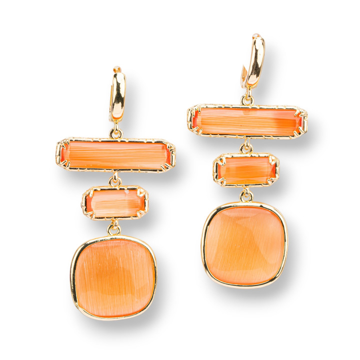 Pendientes Bronce Ojo De Gato 3 Piedras 29x60mm Naranja