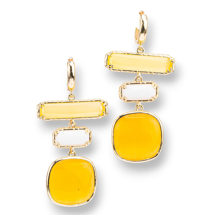 Bronze Stud Earrings With Cat's Eye 3 Stones 29x60mm Yellow and White