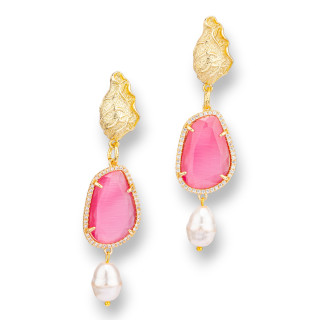 Μπρούτζινα καρφωτά σκουλαρίκια με μάτι γάτας και ζιργκόν με μαργαριτάρια ποταμού 19x73mm Χρυσό φούξια